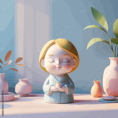 Adorable ceramic figurine of a smiling child surrounded by decorative vases