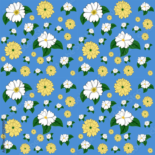 White and Yellow Floral Pattern on a Bright Blue Background