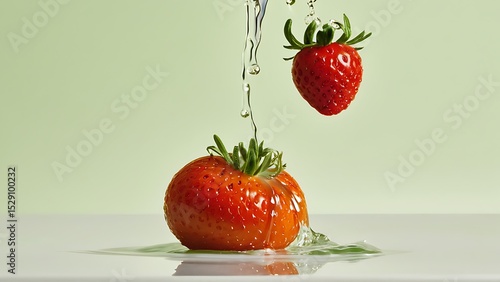 Fresh Strawberries Getting Washed, Close-up of Ripe Red Fruit, Water Splash, Clean Eating Concept for Healthy Lifestyle Blogs and Food Photography, Illustrative with a Light Green Background