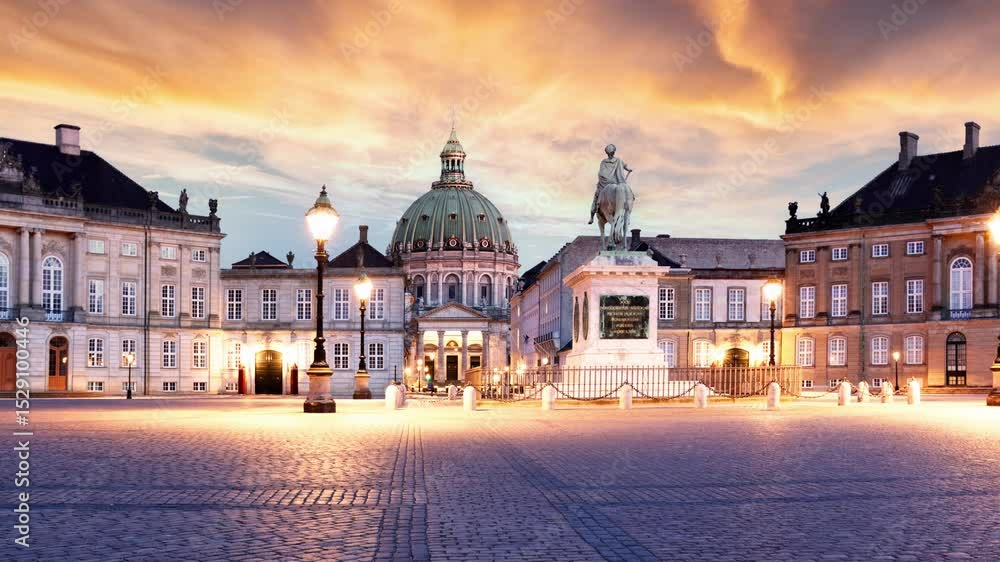 Time lapse of Copenhagen - Royal Danish Palace Amalienborg at dramatic sunrise. Royal residence, Denmark