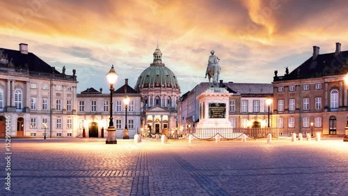 Time lapse of Copenhagen - Royal Danish Palace Amalienborg at dramatic sunrise. Royal residence, Denmark