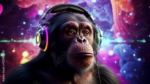 Psychedelic chimpanzee with headphones in swirling neon music