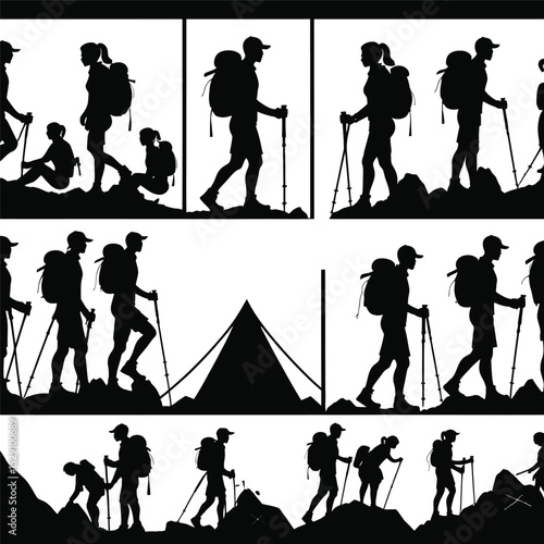 Silhouettes of Hikers Trekking Through Mountainous Terrain with Tent, Stick, Backpacks, and Challenging Scenery.