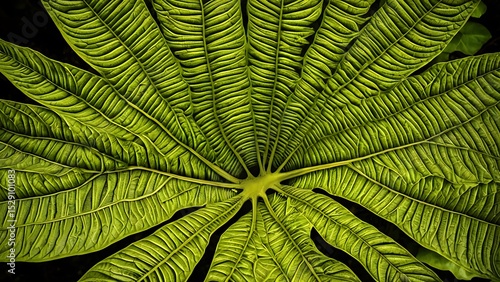 Striking Leaf Detail - Close-Up of Exotic Tropical Foliage with Vibrant Green Veins for Botanical Illustrations, Ecological Designs, and Nature-Inspired Backgrounds.