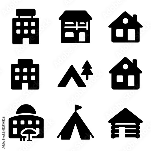 Accommodation Icons Grid. Solid, Filled icon set of accommodation options: hotel, hostel, villa, apartment, campsite, B&B, resort,