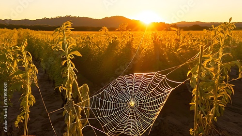 Golden Hour Spiderweb on Farm - Agricultural Field at Sunset for Nature Photography, Backgrounds, and Seasonal Decorations