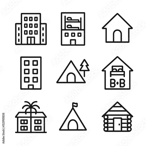 Accommodation Icons Grid. Outline icon set of accommodation options: hotel, hostel, villa, apartment, campsite, B&B, resort,