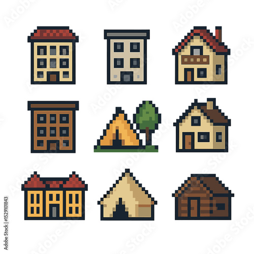 Accommodation Icons Grid. Pixel art icon set of accommodation options: hotel, hostel, villa, apartment, campsite, B&B, resort,