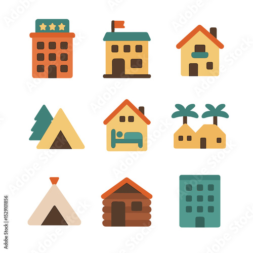 Accommodation Icon Set. Flat icon set of accommodation options: hotel, hostel, villa, apartment, campsite, B&B, resort, glamping