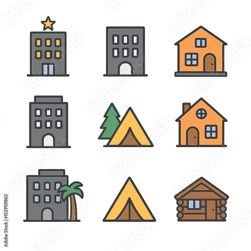Accommodation Icon Set. Flat icon set of accommodation options: hotel, hostel, villa, apartment, campsite, B&B, resort, glamping