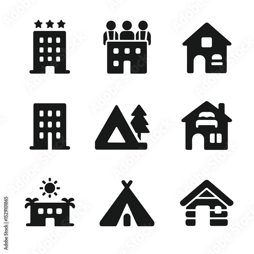 Accommodation Icons Grid. Solid, Filled icon set of accommodation options: hotel, hostel, villa, apartment, campsite, B&B, resort,