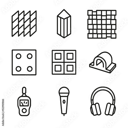 Acoustic Icon Set. Outline icon set of acoustic treatments: foam panel, bass trap, diffuser, absorber, grid mount, cable clip,