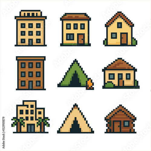 Accommodation Icons Grid. Pixel art icon set of accommodation options: hotel, hostel, villa, apartment, campsite, B&B, resort,