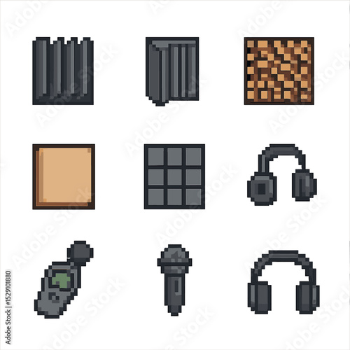 Acoustic Treatment Icons. Pixel art icon set of acoustic treatments: foam panel, bass trap, diffuser, absorber, grid mount, cable