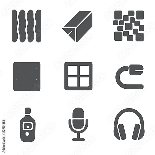 Acoustic Treatment Icons. Flat icon set of acoustic treatments: foam panel, bass trap, diffuser, absorber, grid mount, cable clip,