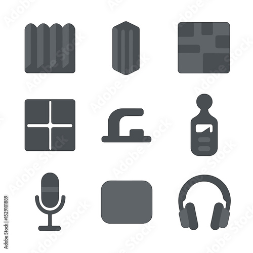Acoustic Treatment Icons. Flat icon set of acoustic treatments: foam panel, bass trap, diffuser, absorber, grid mount, cable clip,