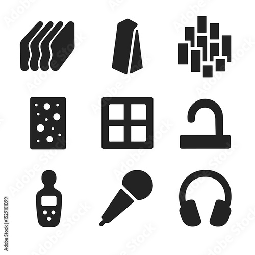 Acoustic Treatments Icons. Solid, Filled icon set of acoustic treatments: foam panel, bass trap, diffuser, absorber, grid mount,