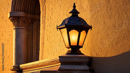 Warm Exterior Lighting - Illuminated Lantern Casting a Gentle Glow on Textured Stone Wall, Beside Classical Column Architecture Detail for Vintage Style Ambiance