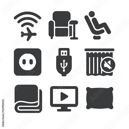 Airplane Comfort Icons. Flat icon set of connectivity and comfort features: in-flight Wi-Fi, lounge access, seat recline button,
