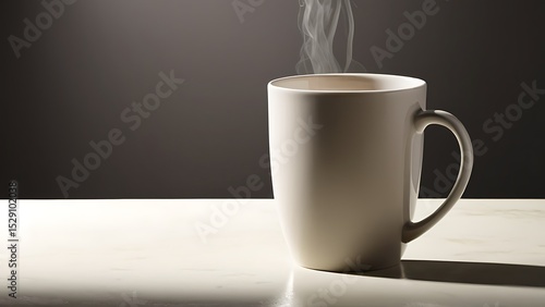 Steaming Mug on Minimalist Table - Close-up of Hot Beverage for Coffee Break, Morning Routine, or Relaxation Concepts, with muted tones creating a calm and inviting atmosphere.