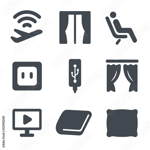 Airplane Comfort Icons. Flat icon set of connectivity and comfort features: in-flight Wi-Fi, lounge access, seat recline button,