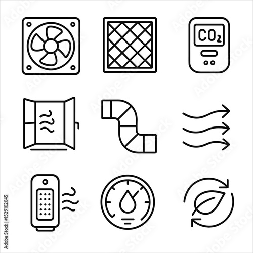 Air Quality Icons. Outline icon set of air quality control: ventilation fan, air filter, CO₂ monitor, open window, HVAC duct,