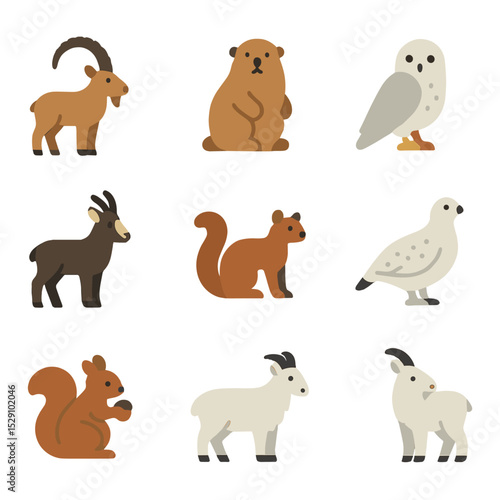 Alpine Wildlife Icons. Flat icon set of alpine wildlife: ibex, marmot, snowy owl, eagle, chamois, pine marten, ptarmigan, squirrel