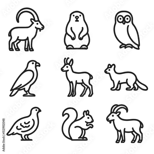 Alpine Wildlife Icons. Outline icon set of alpine wildlife: ibex, marmot, snowy owl, eagle, chamois, pine marten, ptarmigan,