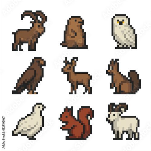 Alpine Wildlife Icons. Pixel art icon set of alpine wildlife: ibex, marmot, snowy owl, eagle, chamois, pine marten, ptarmigan,