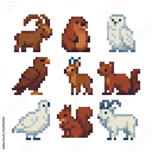 Alpine Wildlife Icons. Pixel art icon set of alpine wildlife: ibex, marmot, snowy owl, eagle, chamois, pine marten, ptarmigan,