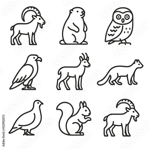 Alpine Wildlife Icons. Outline icon set of alpine wildlife: ibex, marmot, snowy owl, eagle, chamois, pine marten, ptarmigan,