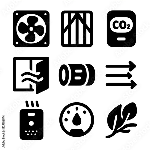 Air Quality Icons. Solid, Filled icon set of air quality control: ventilation fan, air filter, CO₂ monitor, open window, HVAC duct