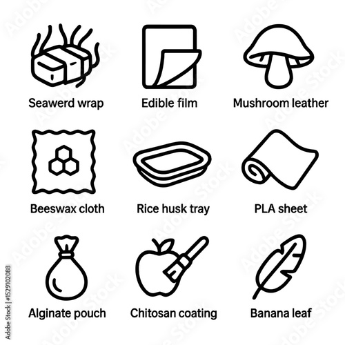 Alternative Packaging Icons. Outline icon set of alternative packaging materials: seaweed wrap, edible film, mushroom leather,