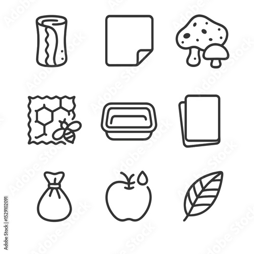 Alternative Packaging Icons. Outline icon set of alternative packaging materials: seaweed wrap, edible film, mushroom leather,