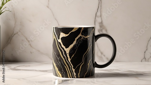 Elegant Black and Gold Marble Mug - Minimalist Drinkware for Stylish Kitchen Decor, Coffee Shop Branding, and Gift Presentation Mockups.
