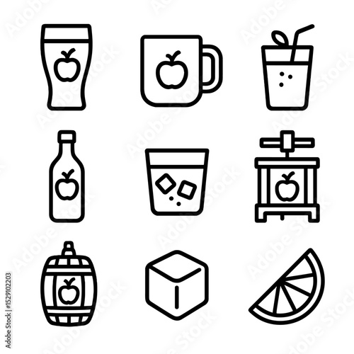 Apple Beverage Icons. Outline icon set of apple-based beverages: cider glass, mug, straw, bottle, tumbler, cider mill, fermenting