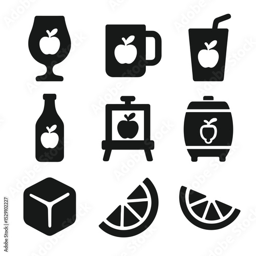 Apple Beverage Icons. Solid, Filled icon set of apple-based beverages: cider glass, mug, straw, bottle, tumbler, cider mill,