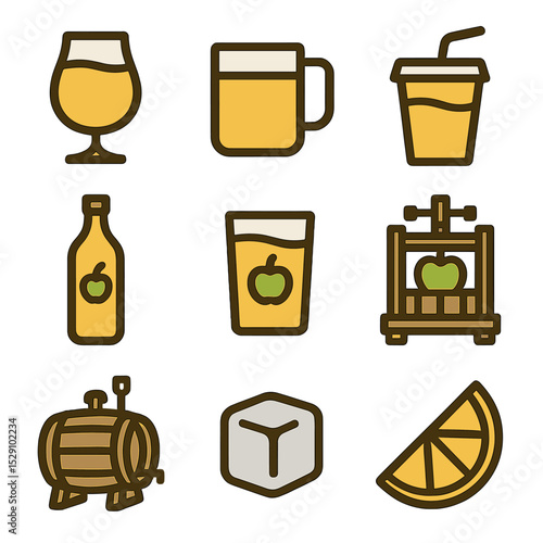 Apple Beverage Icons. Flat icon set of apple-based beverages: cider glass, mug, straw, bottle, tumbler, cider mill, fermenting