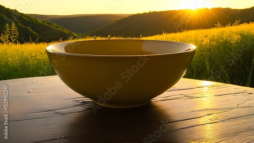 Serene Golden Hour Still Life - Empty Bowl on Wooden Table with Soft Sunlight, Rustic Setting, Natural Backdrop for Food Blogs and Wellness Lifestyle Content