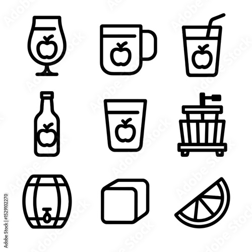 Apple Beverage Icons. Outline icon set of apple-based beverages: cider glass, mug, straw, bottle, tumbler, cider mill, fermenting