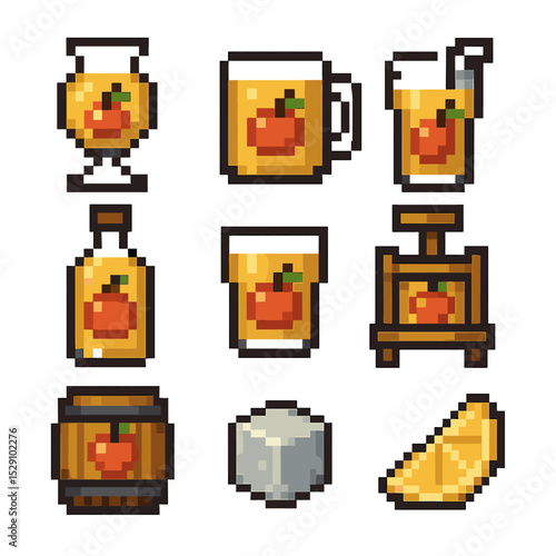 Apple Beverage Icons. Pixel art icon set of apple-based beverages: cider glass, mug, straw, bottle, tumbler, cider mill,
