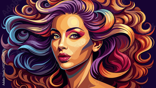 A beautiful woman’s profile featuring voluminous shiny wavy hair and a bold curly hairstyle. This fashion model girl stuns with glowing makeup and timeless beauty captured through perfect cosmetics