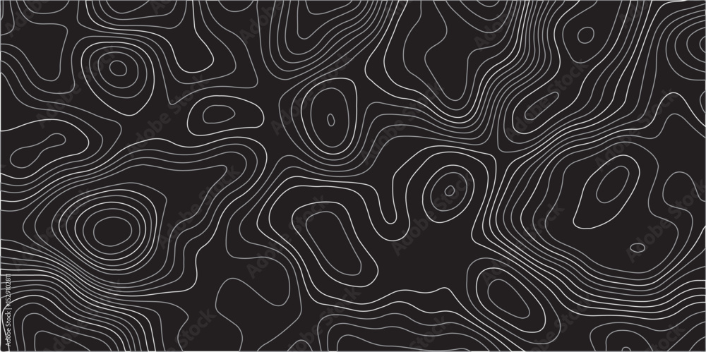 Fototapeta premium An abstract topographic map design featuring thin, light gray contour lines intricately weaving across a solid black background. The lines undulate and curve,