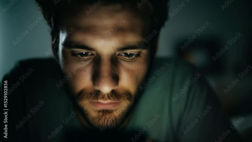 Young man with dark hair focused on his smartphone in a dimly lit room. The scene conveys themes of technology and modern communication. Young man with dark hair focused on his smartphone in a dimly lit room. The scene conveys themes of technology and modern communication.