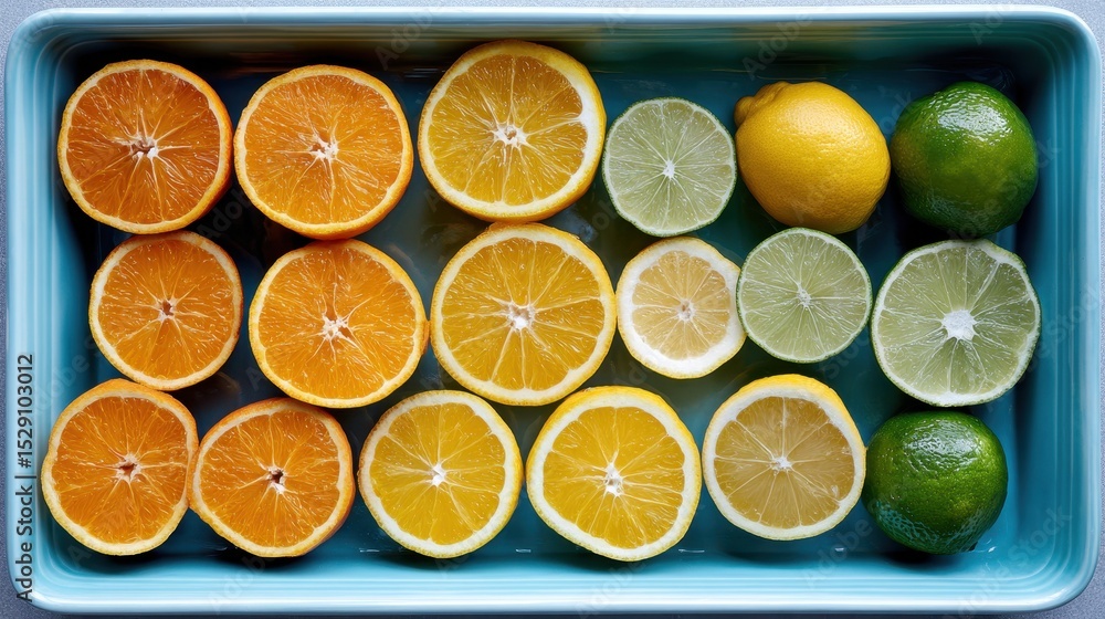 Colorful Citrus Fruit Arrangement on a Pale Blue Tray Colorful Citrus Fruit Arrangement on a Pale Blue Tray