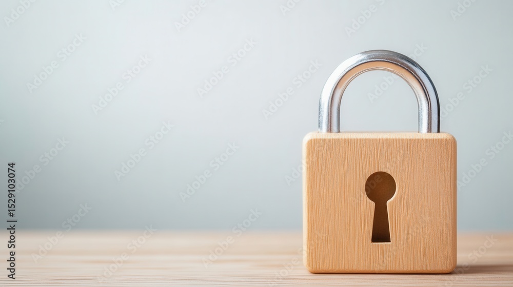 Fototapeta premium Wooden padlock with silver shackle on blurred background for security themes