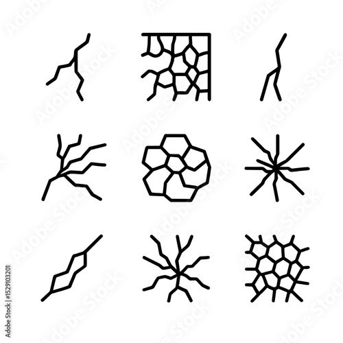 Abstract Crack Icons. Outline icon set of abstract crack textures: rough crack motif, fine hairline grid, bold jagged split,