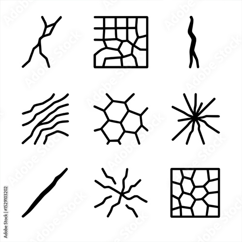 Abstract Crack Icons. Outline icon set of abstract crack textures: rough crack motif, fine hairline grid, bold jagged split,