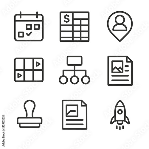 Ad Campaign Planning Icons. Outline icon set of ad campaign planning: calendar schedule, budget spreadsheet, target audience map,