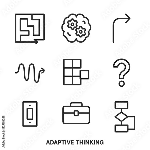 Adaptive Thinking Icons. Outline icon set of adaptive thinking: maze path, brain with gears, pivot arrow, flexible spiral, puzzle
